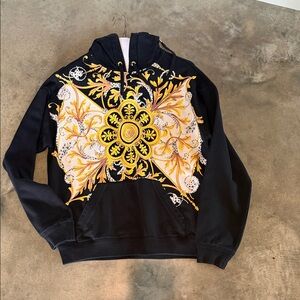 Authentic Versace Black Pullover Hoodie with Yellow Baroque Medallion